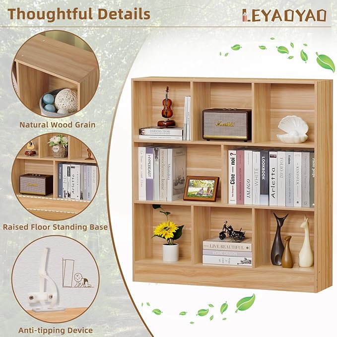 LEYAOYAO 8 Cube Bookshelf with Base,3 Tier Mid-Century Modern Natural Bookcas...