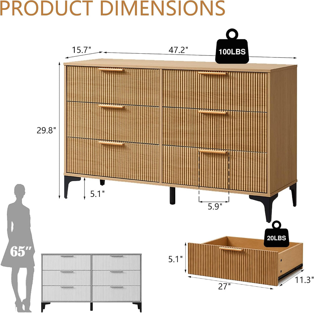 3-Piece Fluted Bedroom Set, 6 Drawer Dresser & 3 Drawer Nightstands