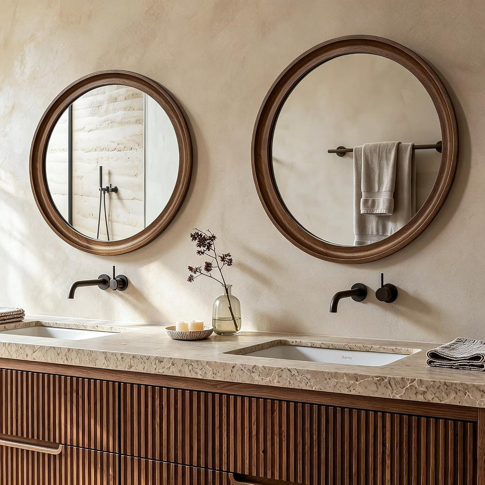 Round Wood Mirror, 22" Circle Mirror with Wooden Frame, Walnut Brown