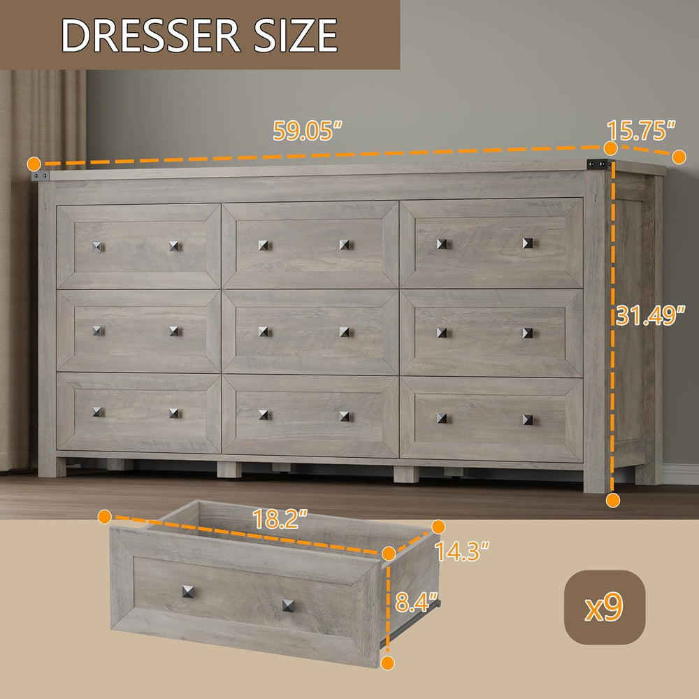 BORNOON 9-Drawer Dresser, Modern Wooden Storage Chest of Drawers, Dresser TV ...