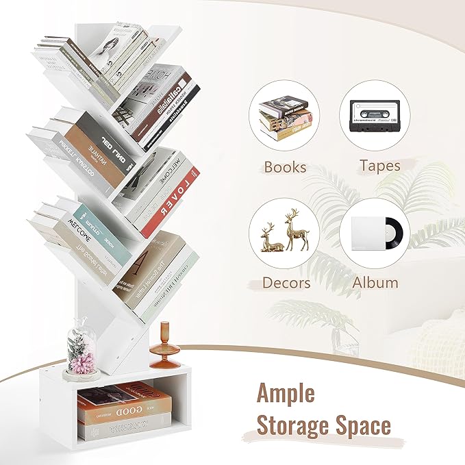 Hoctieon 6 Tier Tree Bookshelf, Tall Bookcase with Drawer, Freestanding Book ...