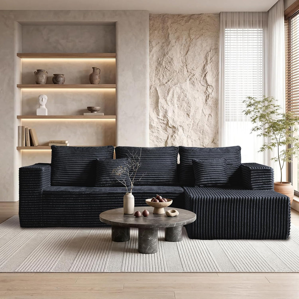 95" Black Corduroy Boneless Modular Sectional Sofa, Cloud-Louch Deep Sea...