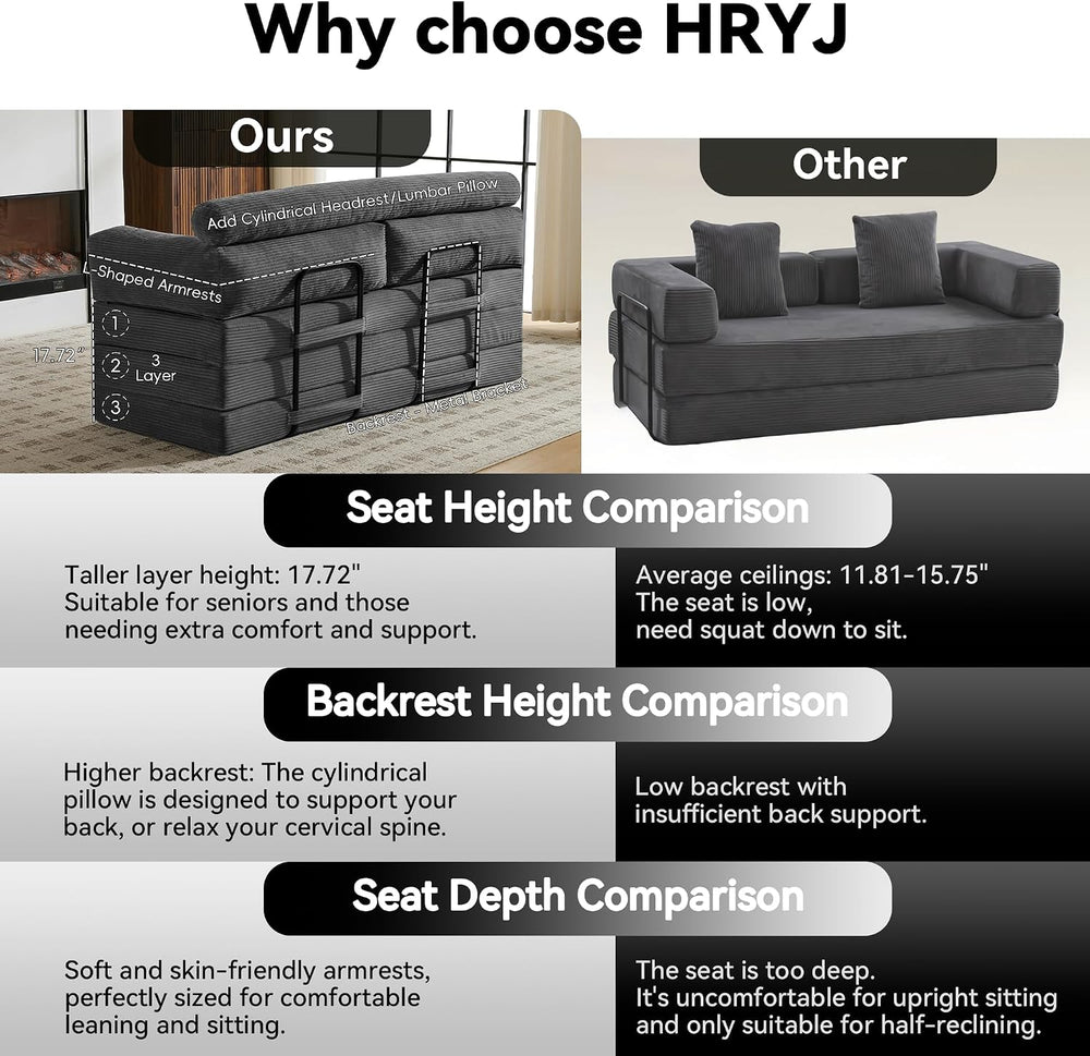 Grey 5-in-1 Convertible Sofa Bed, 78" Boneless Couch Tri Folding Mattres...