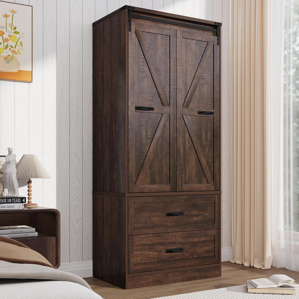 2 Doors Armoire Wardrobe Closet w/ Folding Sliding Barn Door,Brown