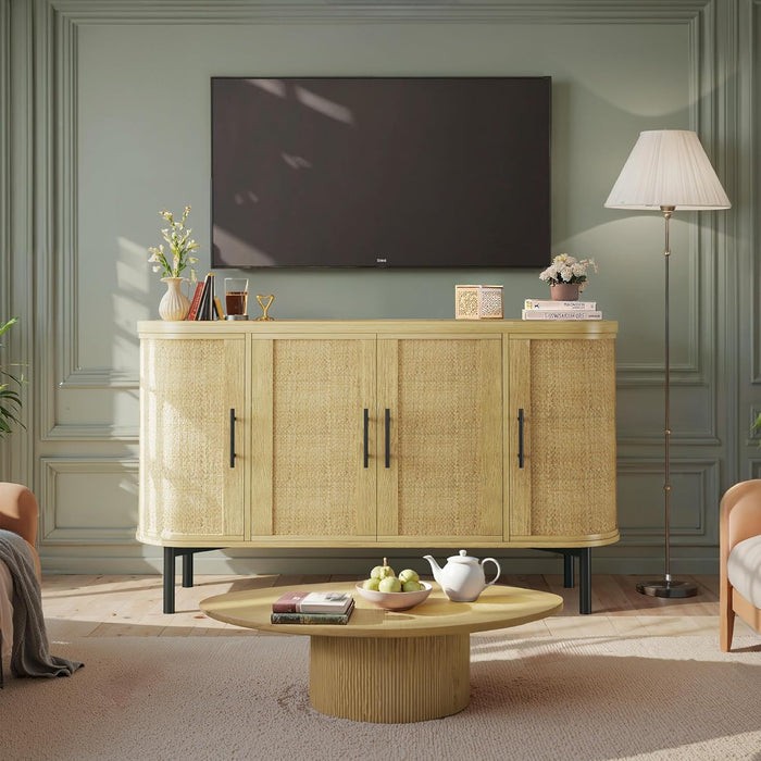 HUAHUU Sideboard Buffet Cabinet with Storage, 47.2" Rattan Sideboard Cabinet with Adjustable Shelf, Metal Legs, Modern Buffet Sideboard for Kitchen, Living Room, Entryway, Natural Oak