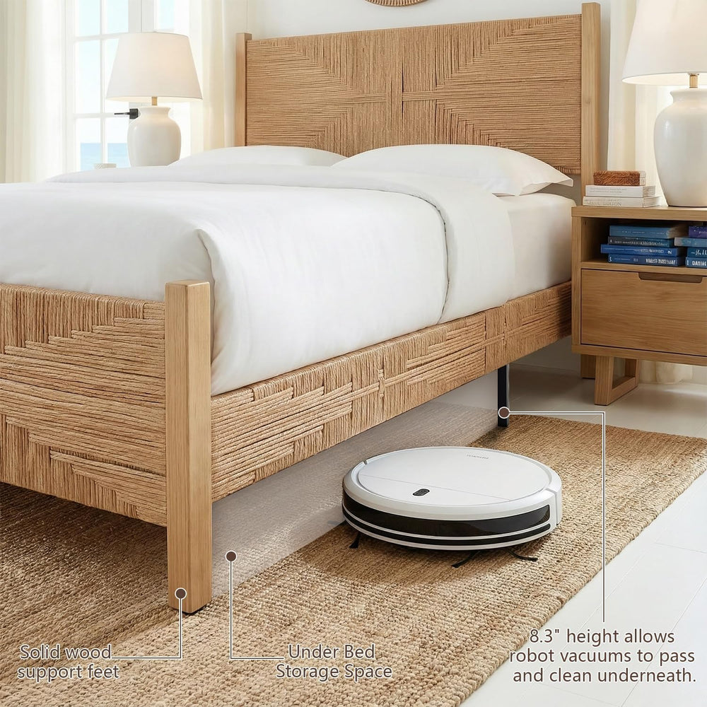 Brafab King Size Rattan Bed Frame, Boho Wicker Headboard, Natural Oak