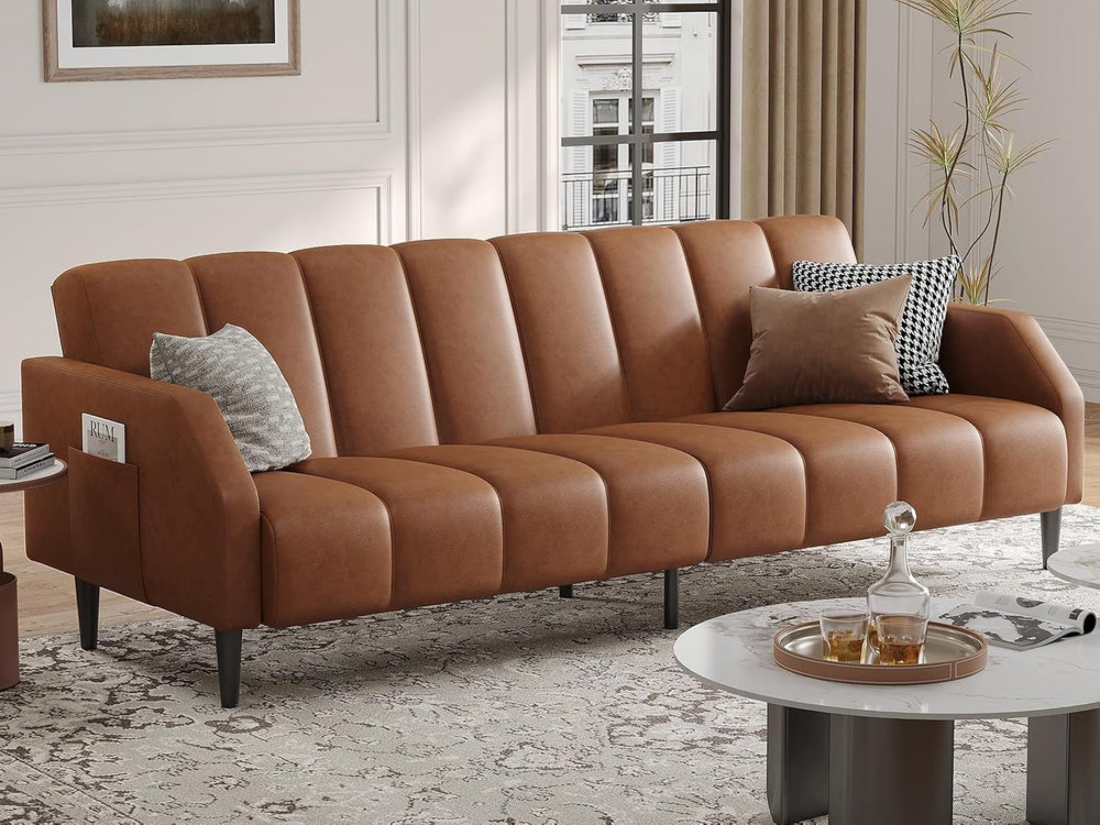 Fadware Faux Leather Couch, Convertible Futon Sofa Bed with Adjustable Backre...