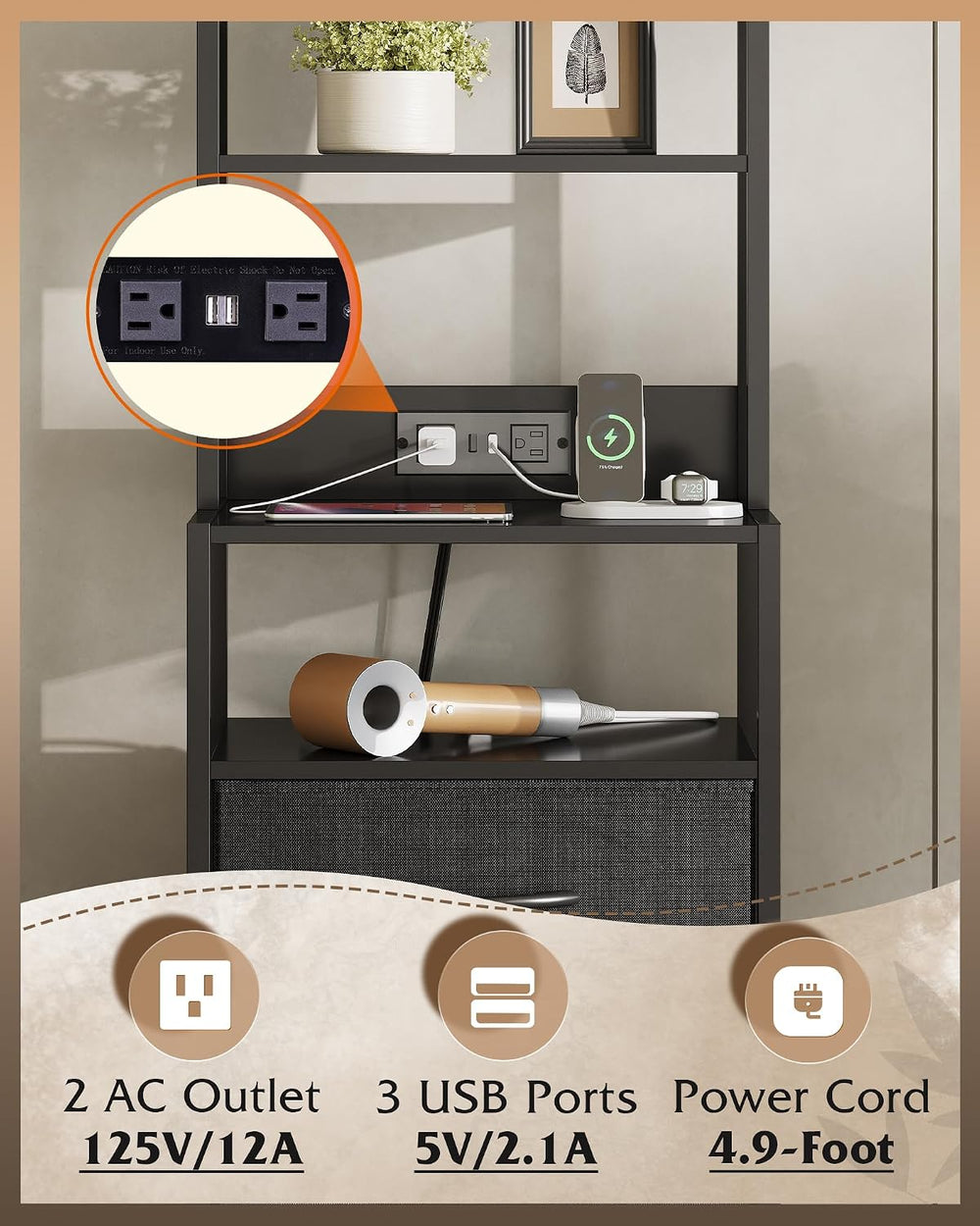 WLIVE Tall Nightstand with Charging Station, LED Night Stand with 3 Fabric Dr...