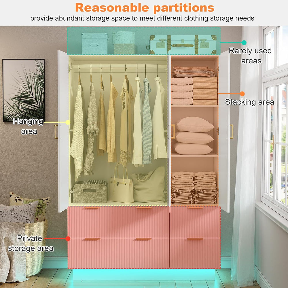 PAKASEPT Armoire Wardrobe Closet with 3 Door, Mirror, LED Lights
