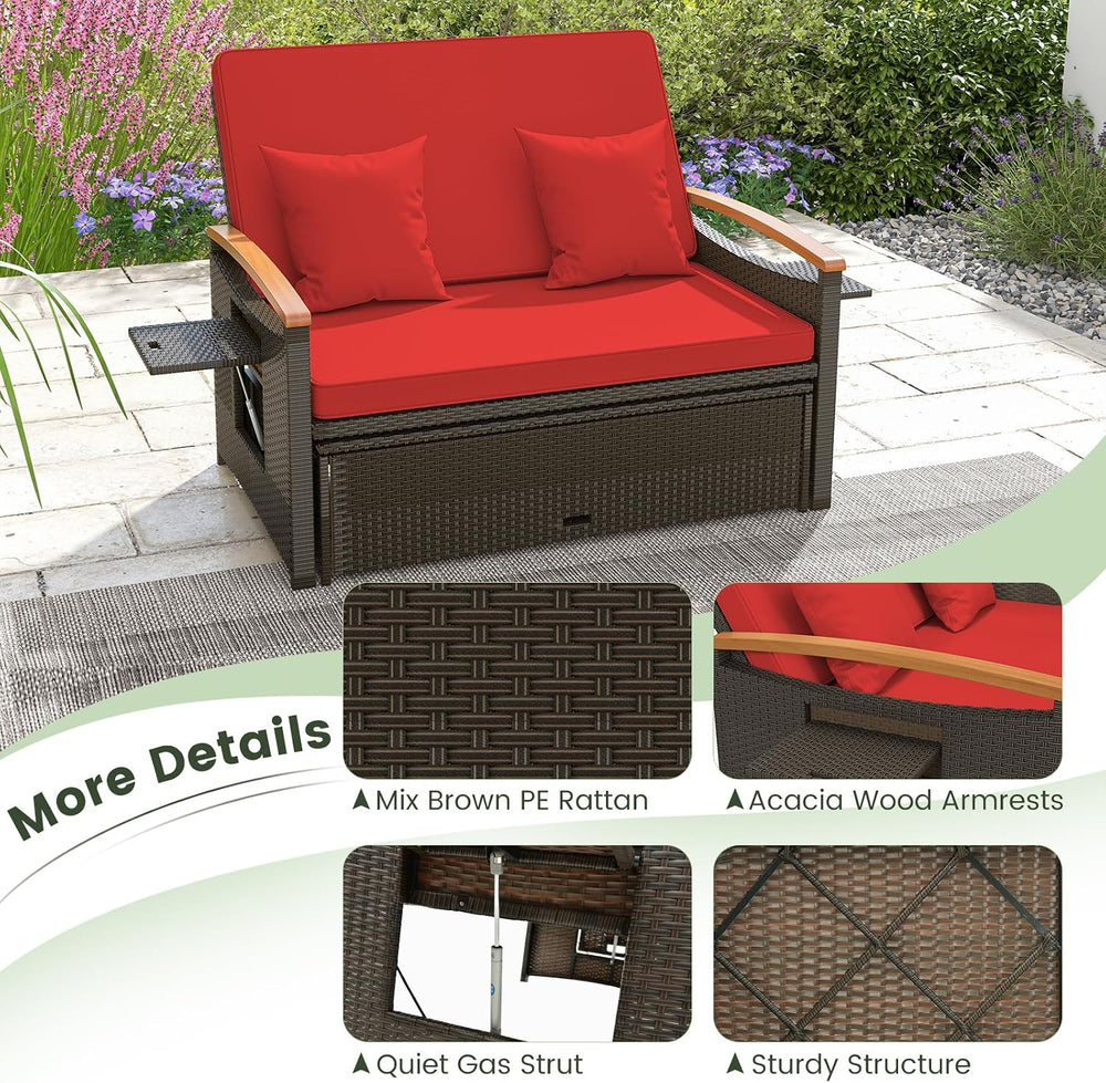 COSTWAY Patio Rattan Daybed, Outdoor Loveseat Sofa with Storage Ottoman