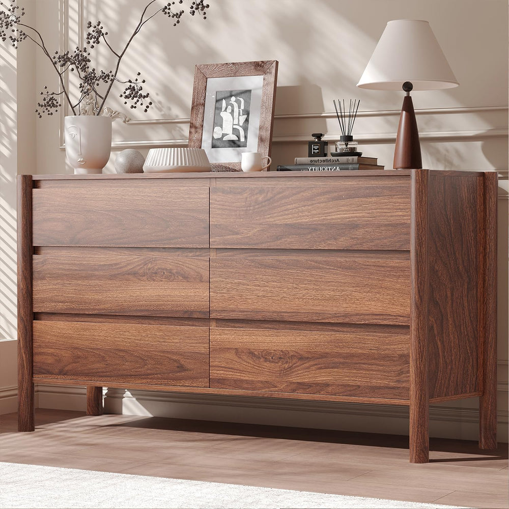 CHUWELL Walnut Dresser Bedroom Set, 6 Drawer Dresser & 2 Drawer Nightstands