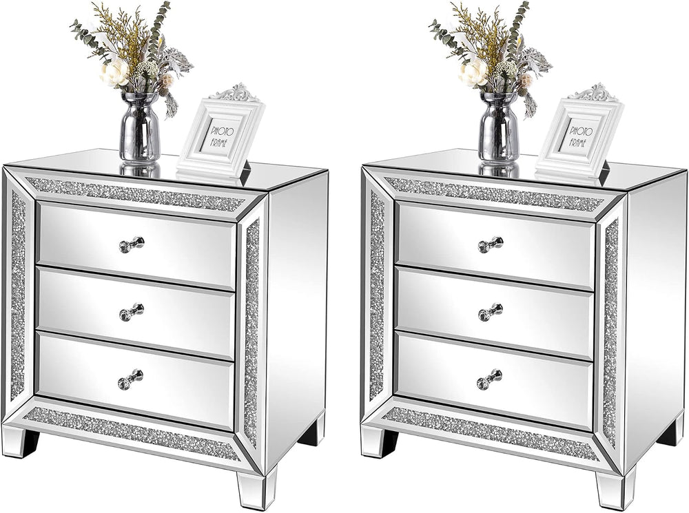 VINGLI Mirrored Nightstands Set of 2, 23" W Glass Mirror Night Stand Set...