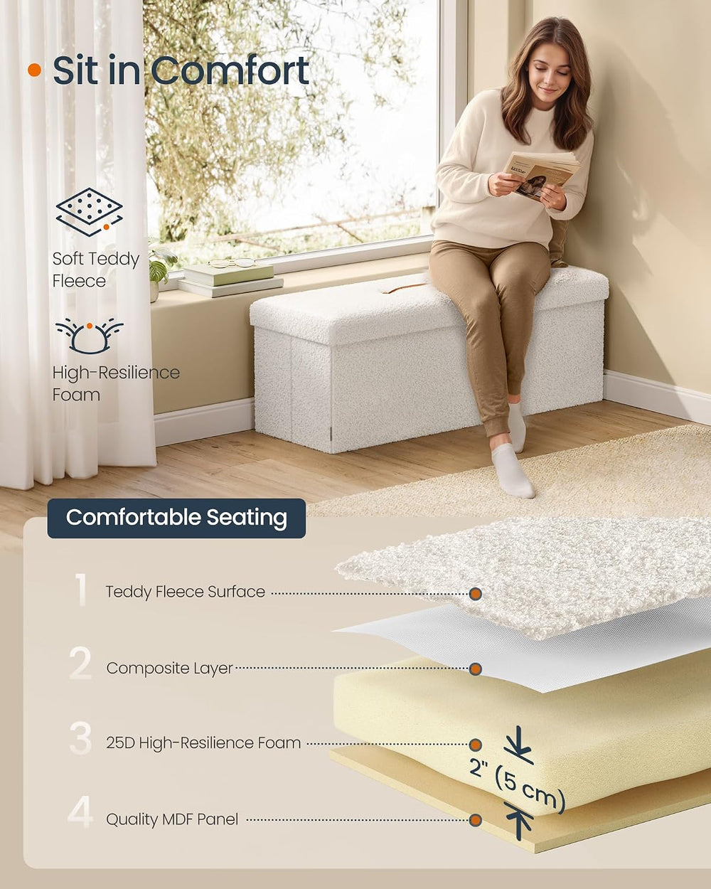 SONGMICS Large Folding Storage Ottoman Bench, 15 x 43 x 15 Inches | Foot Rest...