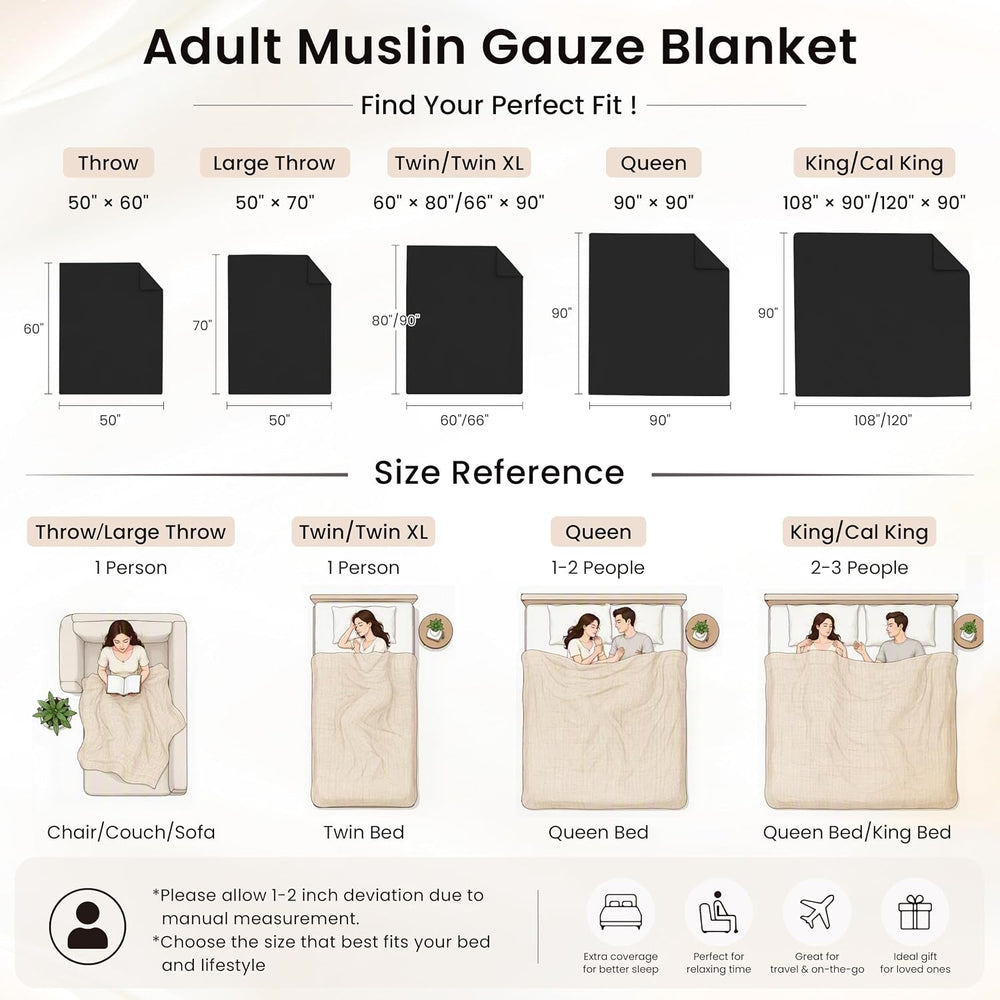 Love's Cabin 100% Cotton Muslin Blanket King Size for Bed, Black
