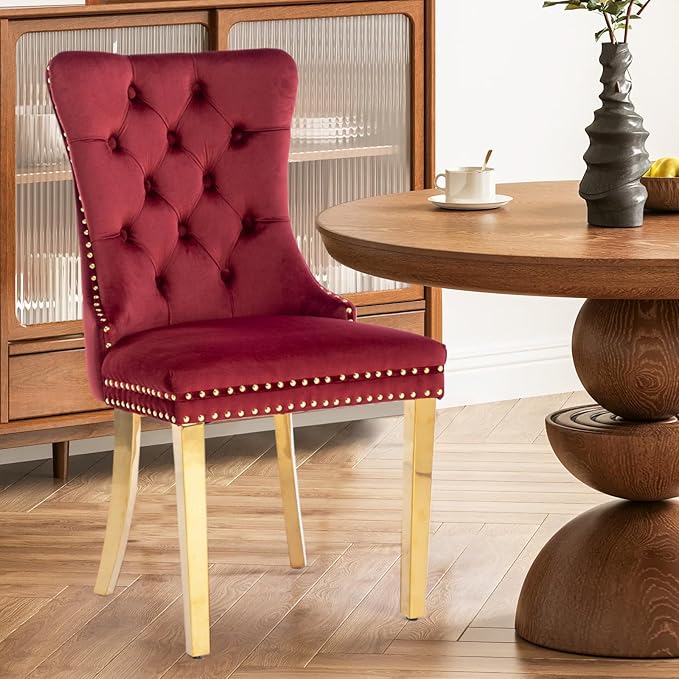 Velvet Upholstered Dining Chairs Set of 2, Modern Style Kitchen Side Chairs w...