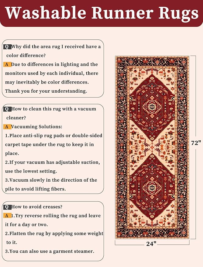 SERISSA Boho Washable Runner Rug, 2x6 Rug Runner Non-Slip Vintage Red Black