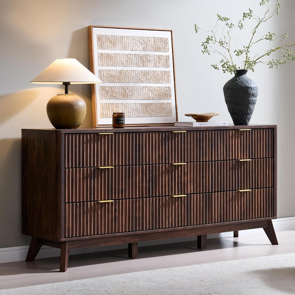 T4TREAM 63" Wide Fluted 9 Drawer Dresser for Bedroom, Dark Walnut