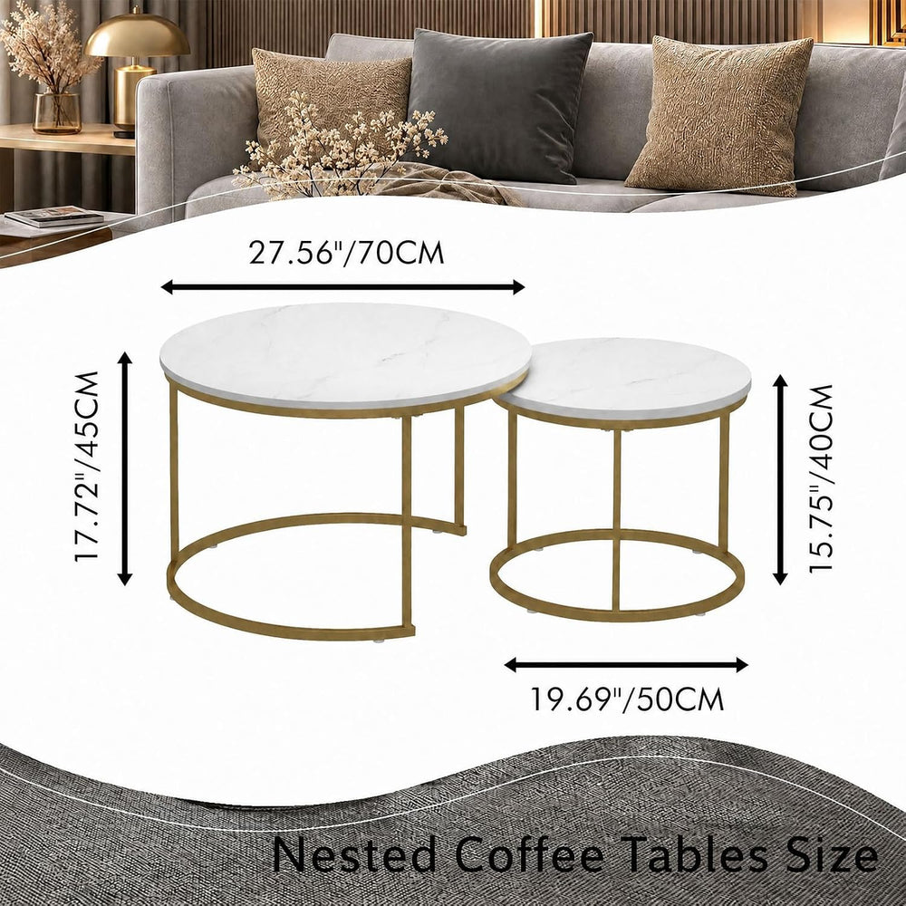 White Round Nesting Coffee Table Set of 2, Marble Pattern Top with Gold Metal...
