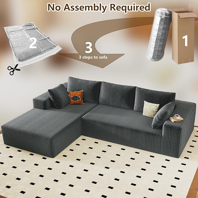 96" Modular Sectional Couch, Boneless L Shaped Cloud Sofa with Chaise Lo...