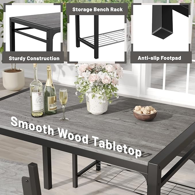 JUMMICO 43.3" Dining Table Set for 4, Kitchen Table with Bench & 2 C...