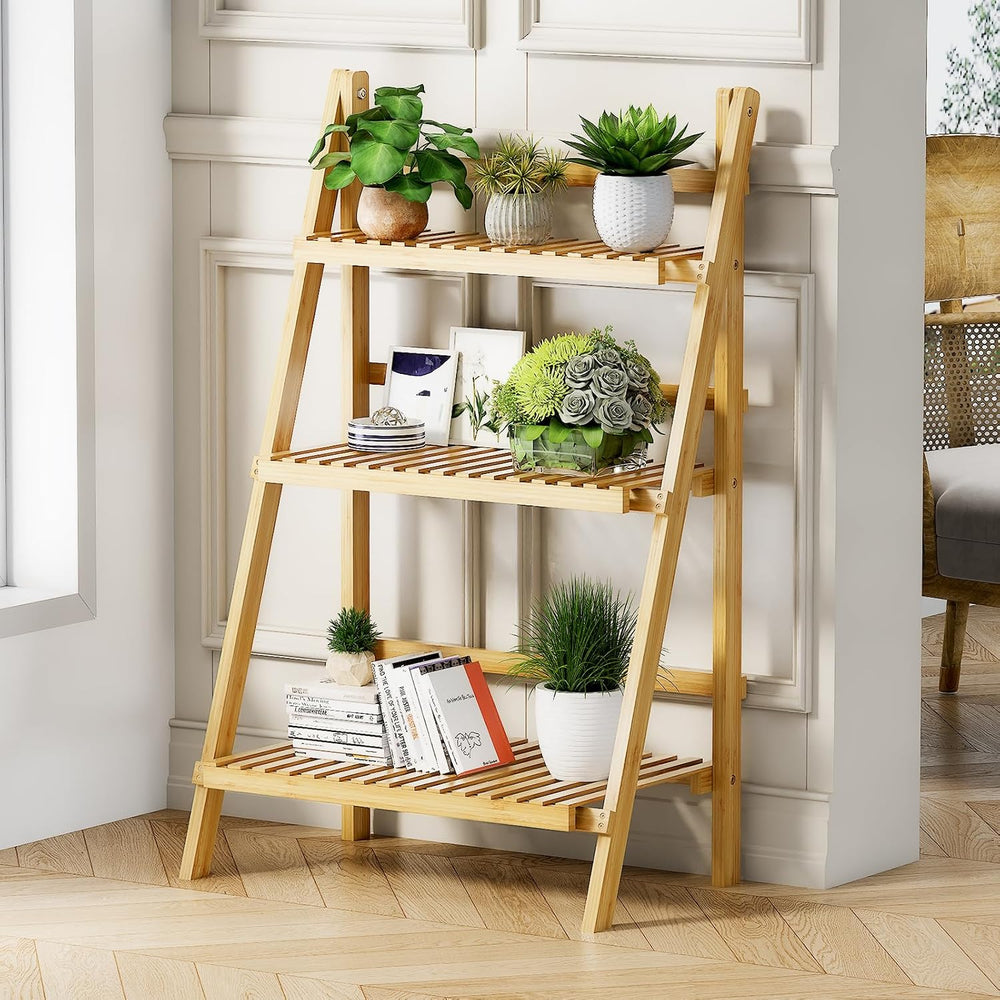 Foldable Ladder Shelf 39.4", Plant Shelf 3 Tier, Bamboo Ladder Flower Po...