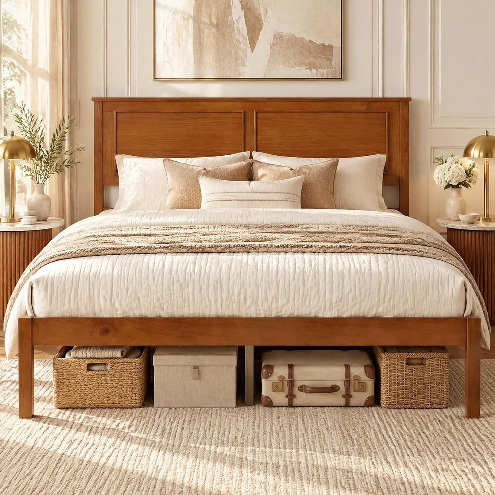 Full Size Bed Frame with Solid Wood Legs and Wooden Slats