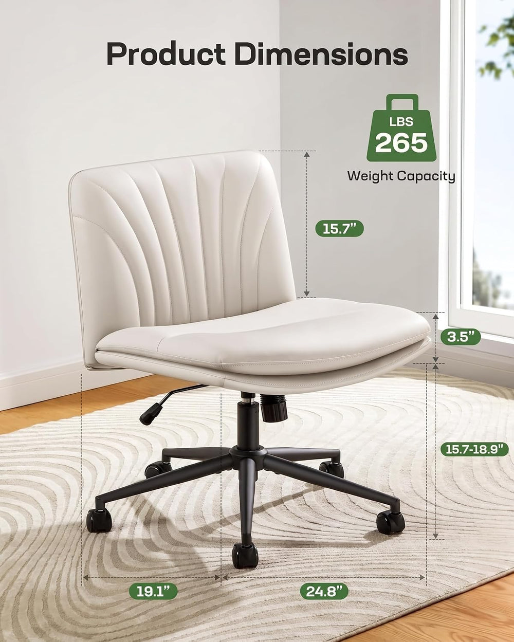 Marsail Armless-Office Desk Chair with Wheels: PU Leather Cross Legged Wide C...