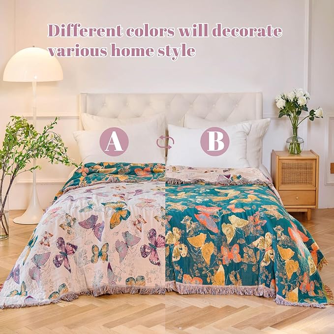 MSGKV Boho Throw Blanket for Bed Cotton Butterfly Twin Size Couch Blanket