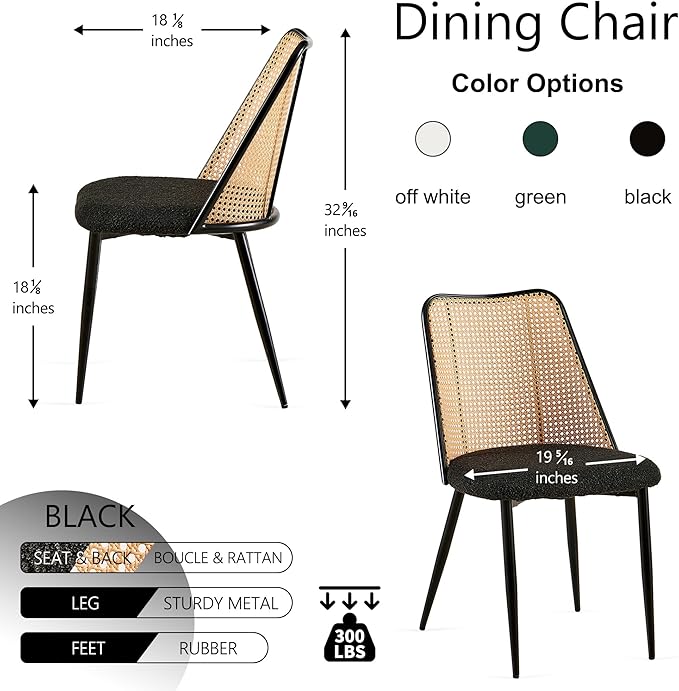 Dining Chairs Set of 2, Boho Rattan Back Dining Room Chairs Upholstered Boucl...