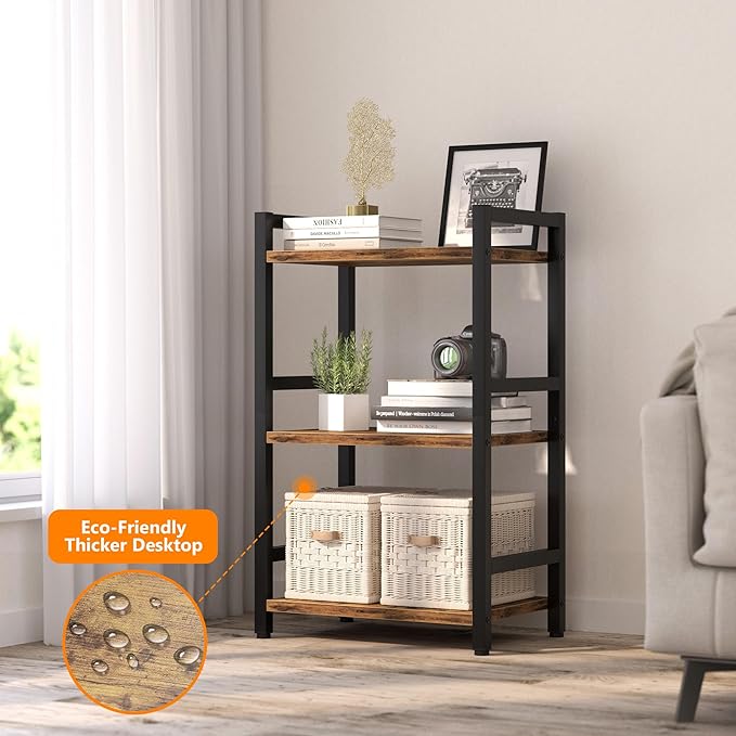Book Shelf, 3 Tier Bookcase with Steel Frame, Stable Bookshelf Narrow Book Sh...
