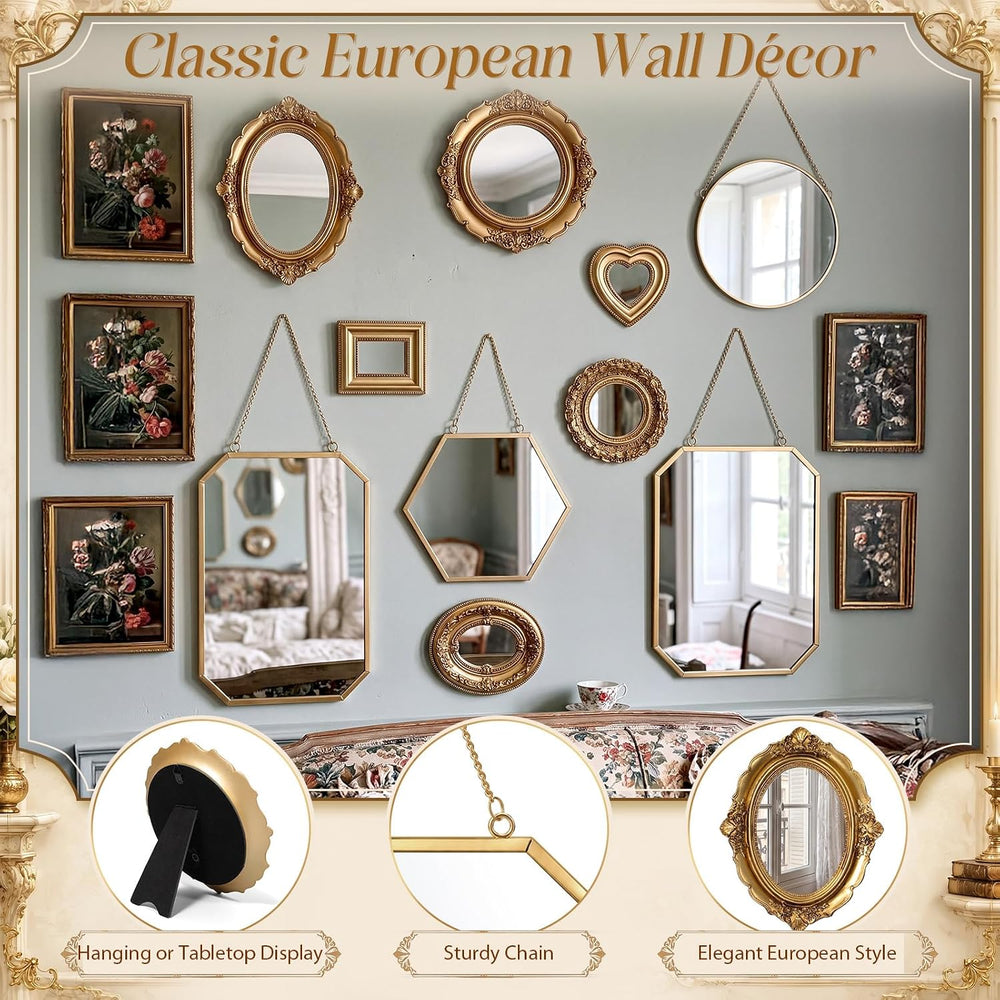 Vintage Gold Wall Mirror Set, 14in/11.2in/10.5in/7.8in, Novel Style, 10 Pcs