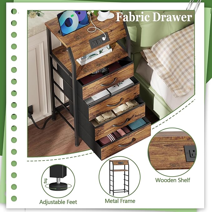 Furnulem Night Stand with Charging Station, Small Dresser with 4 Fabric Drawe...