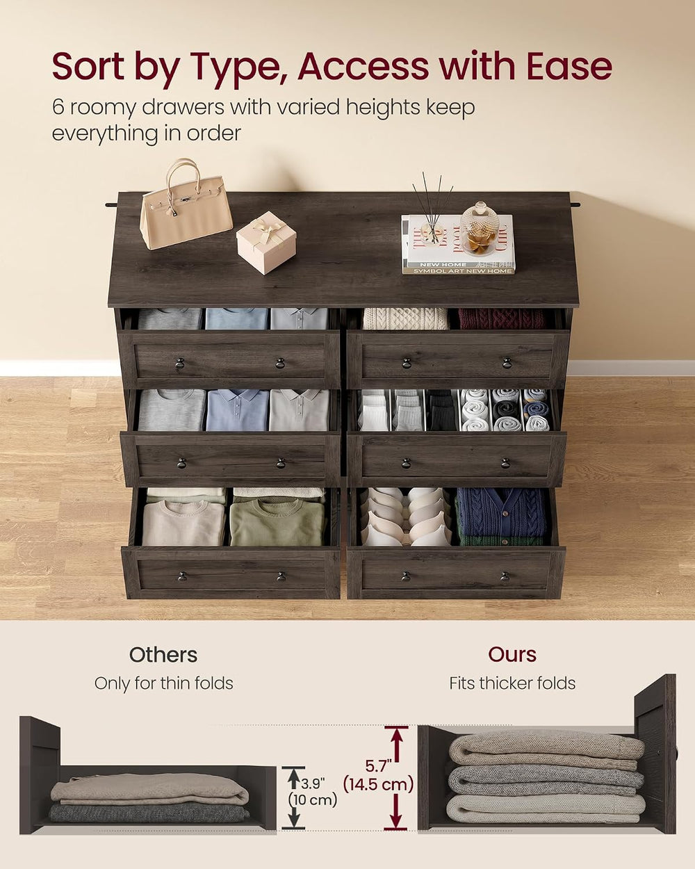 VASAGLE 6-Drawer Dresser, Chest of Drawers, 47.2 x 15.7 x 30.7 in