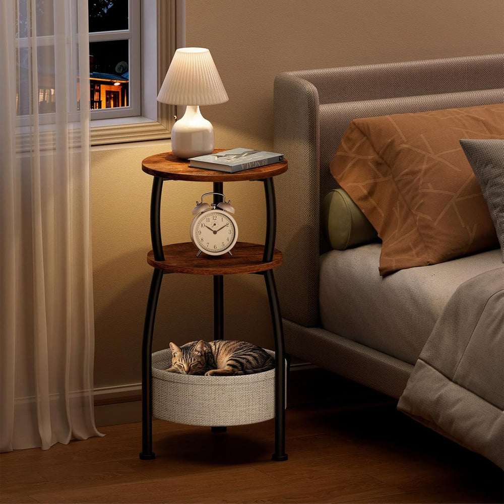 Round Side Table for Small Spaces with Storage Basket –Small End Table 3-Tier...
