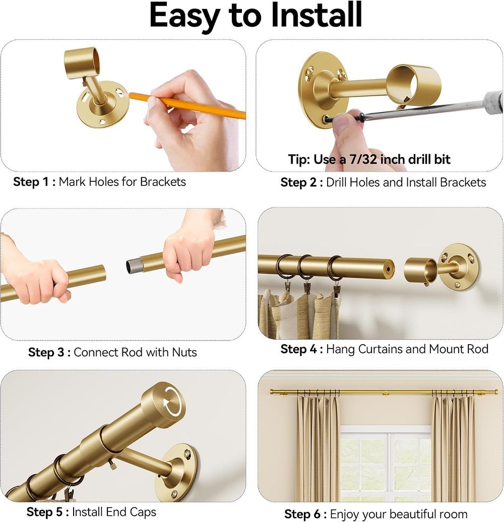 YaFex Heavy Duty Curtain Rods 32-120 Inch, 1 Inch Adjustable Gold Curtain Rod...