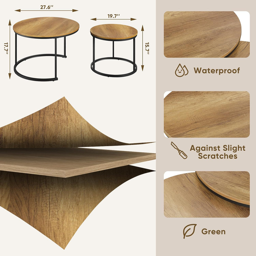 Smuxee Nesting Coffee Table Set of 2, 27.6" Round Coffee Table Wood Grai...