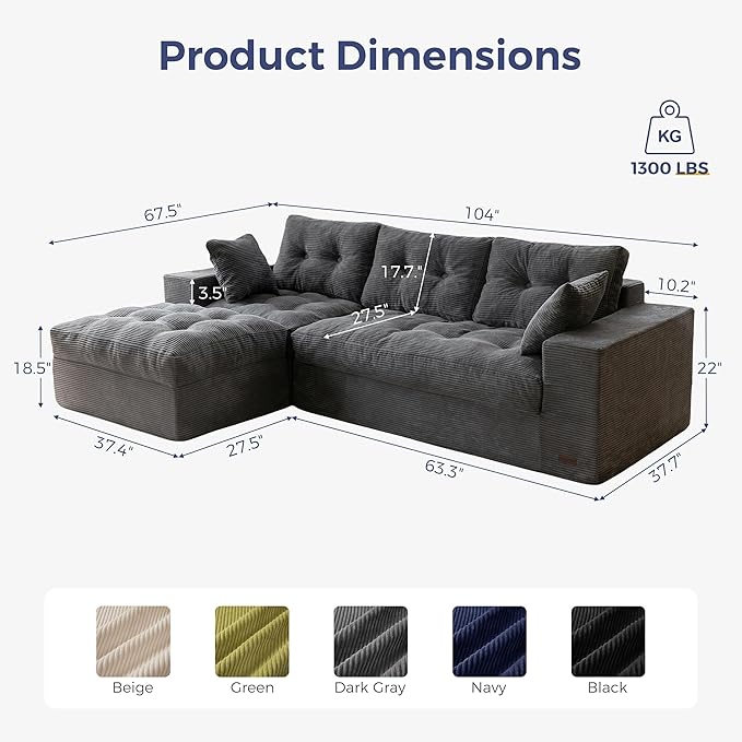 MAXYOYO 104" L Shaped Modular Sectional Sofa with Ottoman, Cloud Boneles...