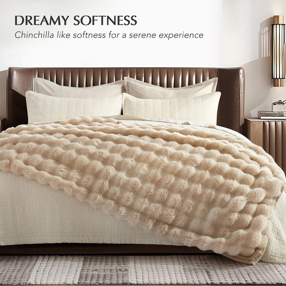 Faux Rabbit Fur Bubble Throw Blanket, 60"x80", Cream