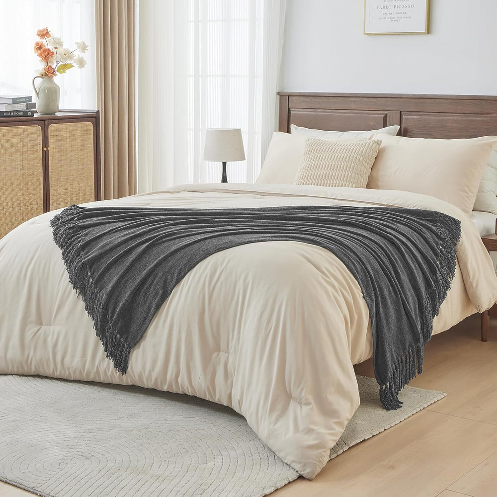 CozeCube Chenille Throw Blanket, Charcoal Grey Fringe Blanket, 50"X60"