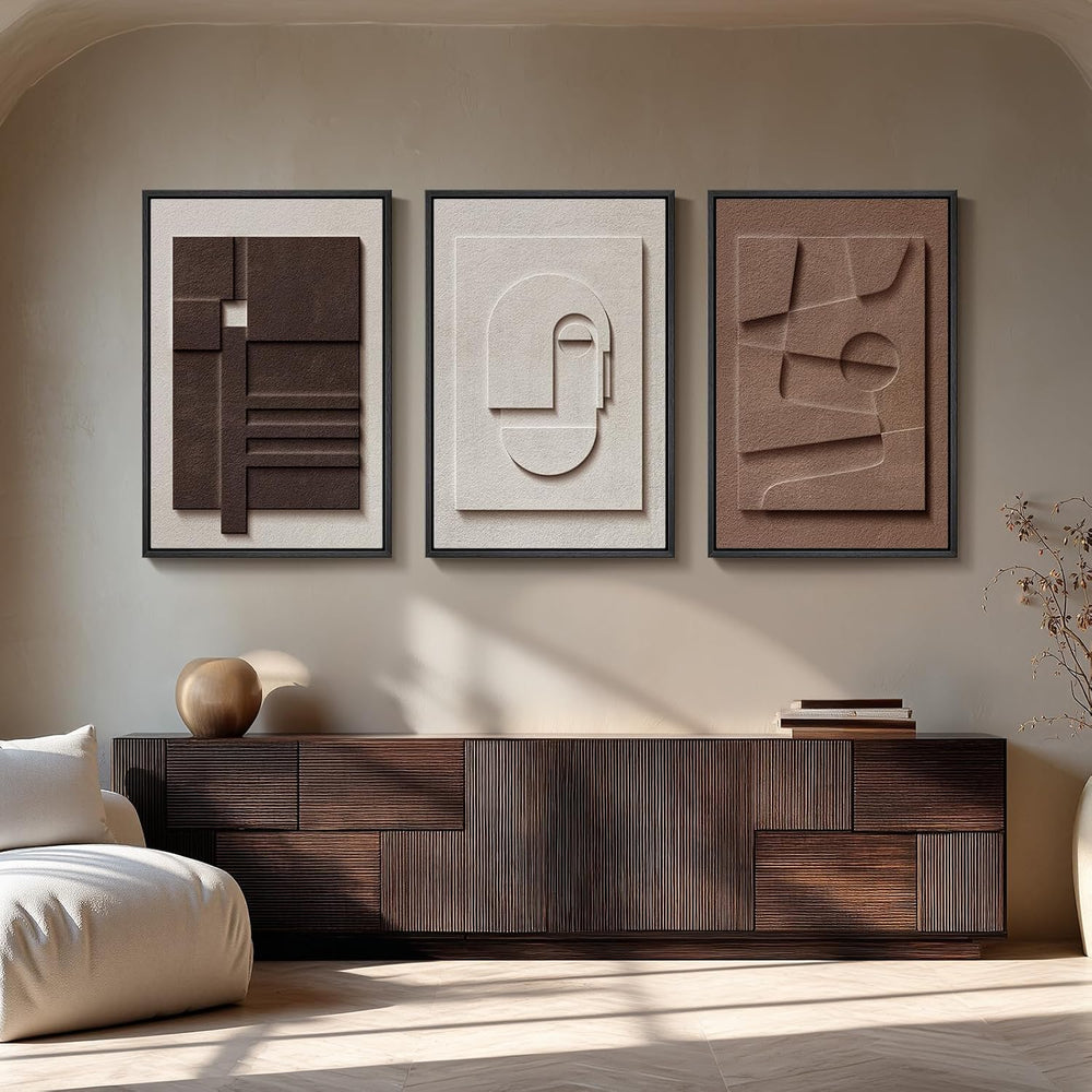 Large Framed 3D Wall Art for Living Room, Brown Abstract Art Wall Decor