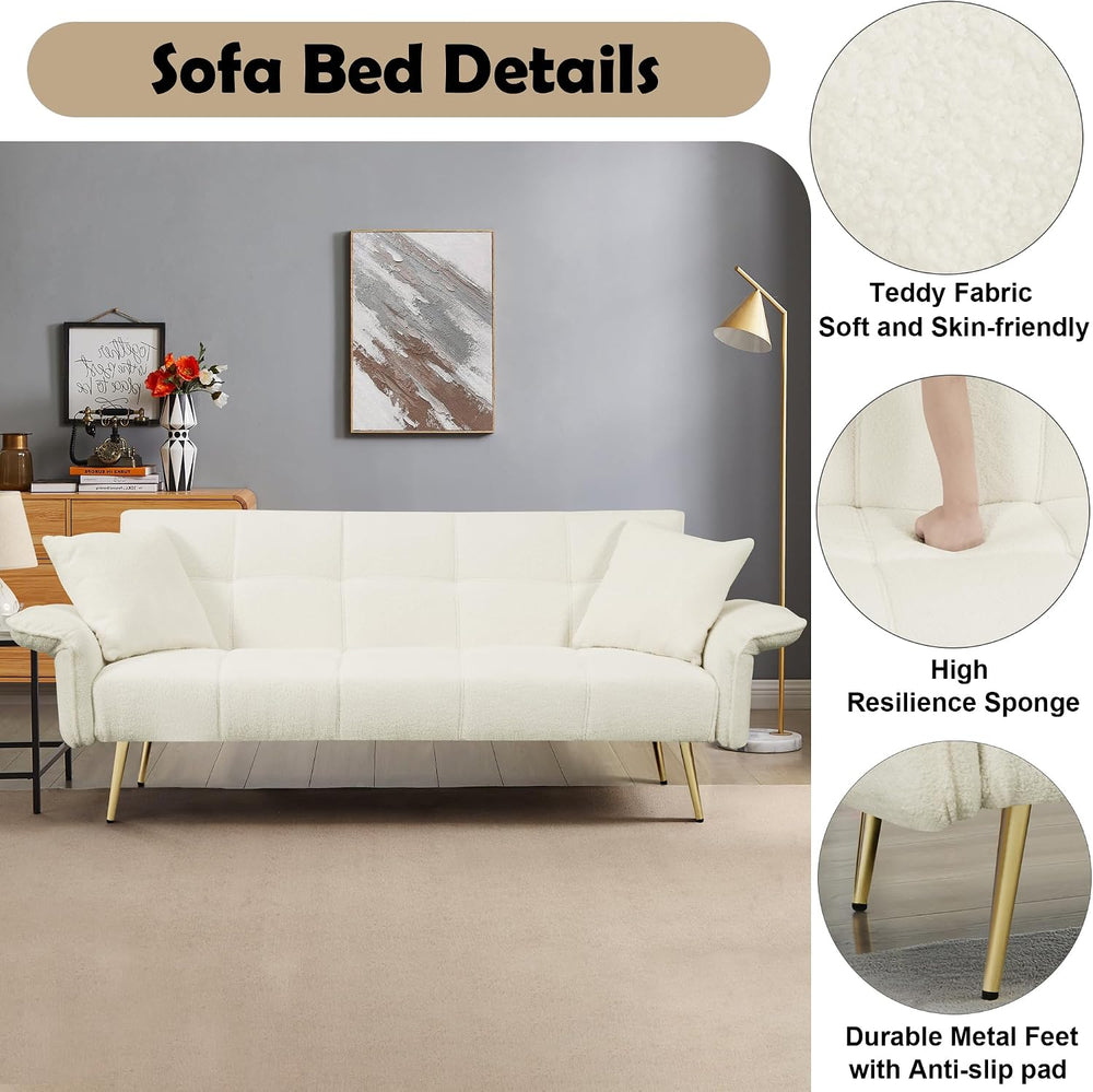 70.1" Convertible Futon Sofa Bed, Teddy Loveseat Couches, Beige