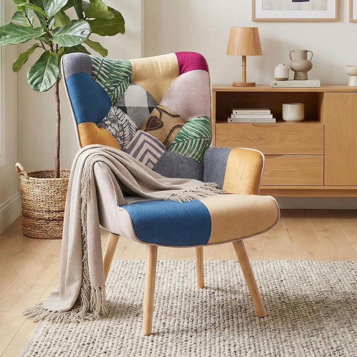 Joysoul Living Room Accent Chair, Modern High Back Armchair, Boho Patchwork Fabric Chair, Colorful Upholstered Reading Chair with Solid Wood Legs for Bedroom, Small Space