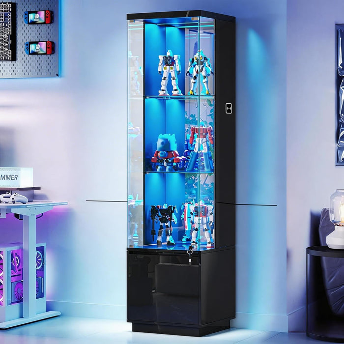 HNEBC Corner Glass Display Cabinet with Lockable&3 Color Lights for Living Room Black, Curio Cabinet with Adjustable Glass Shelf for Liquor Figurine Bookcase for Living Room