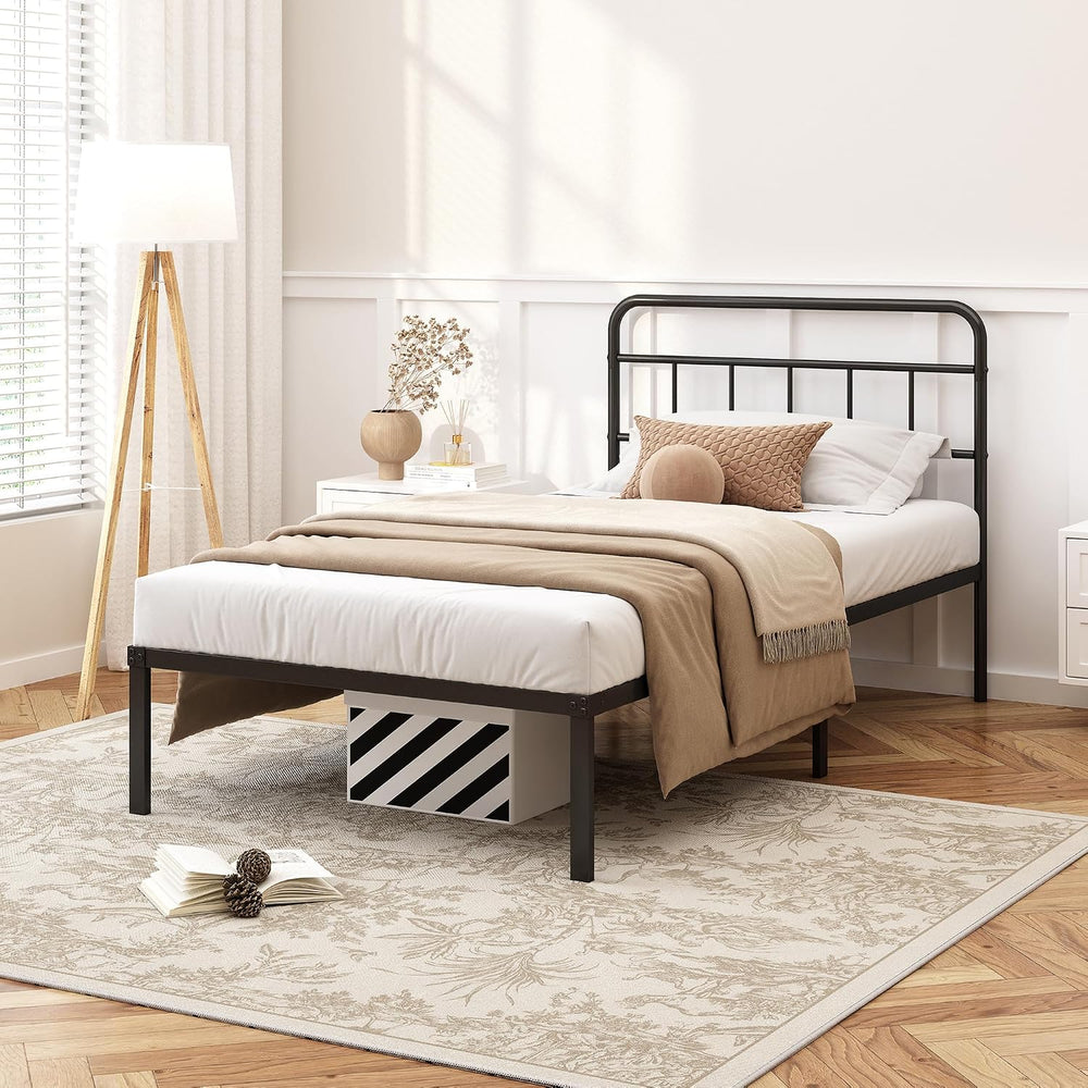 Kujielan 12 inches Twin Bed Frame with Minimalist headboard, Black