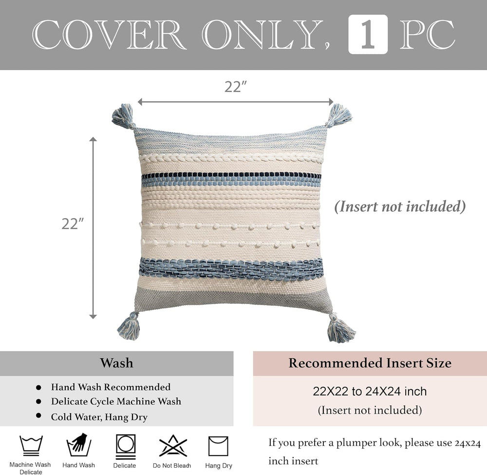 Coastal Blue Boho Decorative Throw Pillow Cover 22x22 Modern Bohemian Accent ...