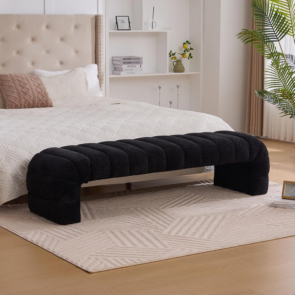 Sophisticated 69.7” Wide Black Upholstered Armless Bed Bench, Modern Channel ...