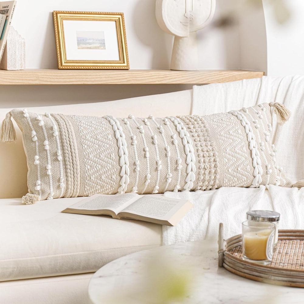 BlissBlush Cream Decorative Lumbar Throw Pillow Cover 14x36 Boho Long Cushion...