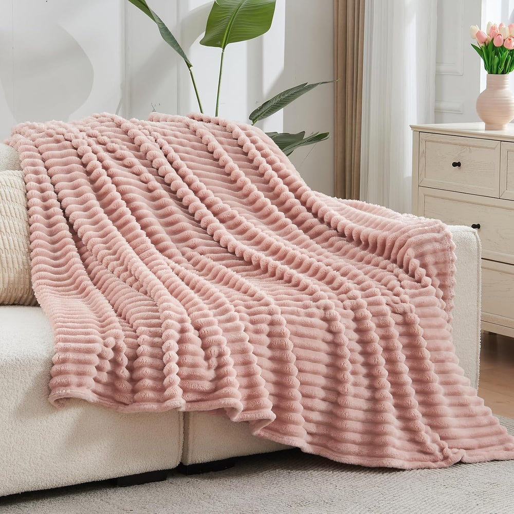 NEWCOSPLAY Fleece Ribbed Cozy Queen Blanket for Couch, Pink, 90"x90"