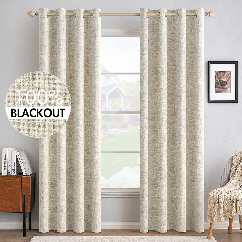MIULEE 100% Blackout Linen Curtains for Bedroom 52x84 Inches Butter Cream