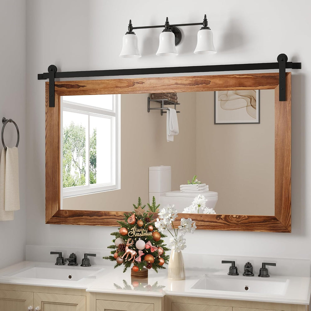 COGOOD Farmhouse Barn Door Mirror - 41" x 26" Rustic Wood Framed Wa...